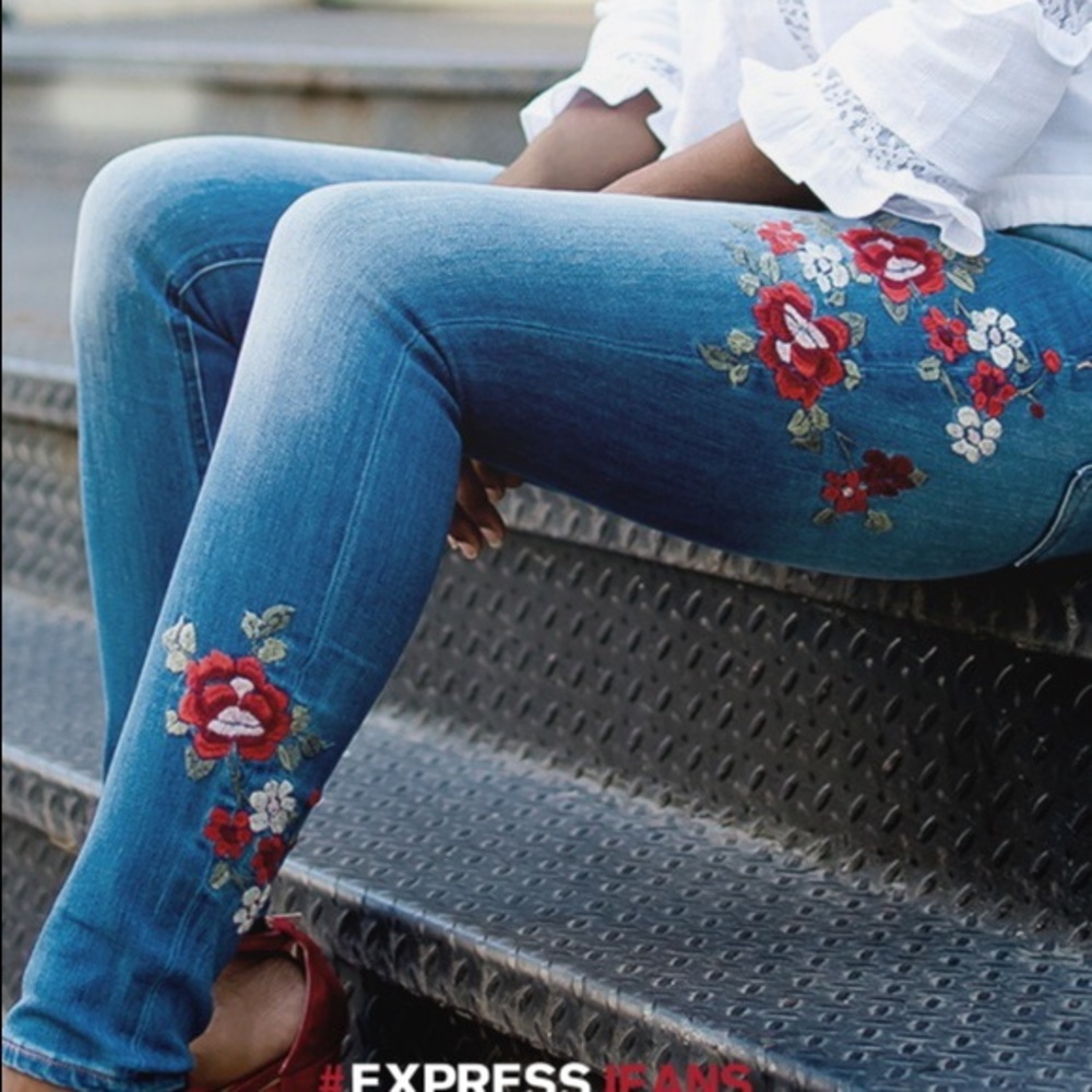 Express High Waist Floral Embroidered Jeans